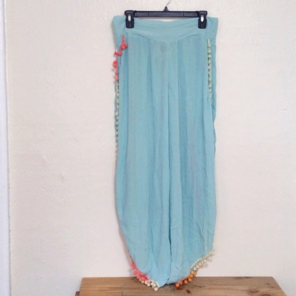 Z&L Teal Crinkled Open Palazzo Pants Ombre Tassels Size L